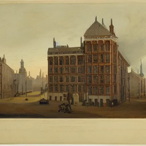 Prompt: a five story Victorian house each story being twice the size as the one below, by Jan van Goyen