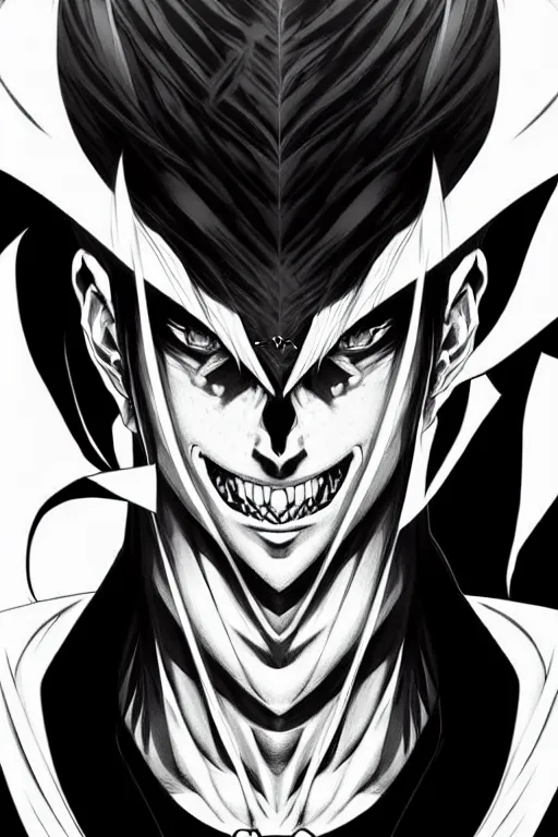 Prompt: handsome young demon king man only, evil grin, manga style only, wallpaper aesthetic, black white and yellow colors only, symmetrical face, demonic, cinematic, dramatic, powerful, super detailed and intricate, elegant, hyper realistic, 8 k render, by artgerm, by kyoung hwan kim, by ralph mcquarrie, by yoshiyuki tomino