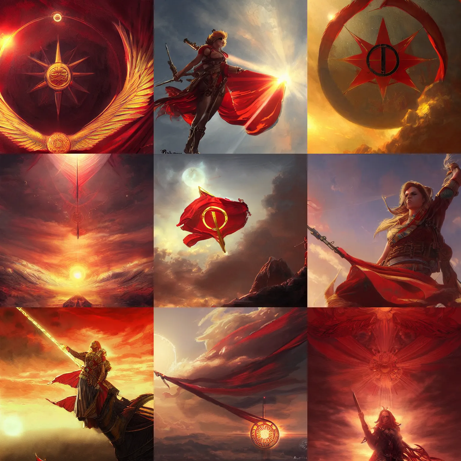 Prompt: red banner with golden sun symbol floating in sky, intricate, highly detailed, digital painting, concept art, sharp focus, illustration, aleksi briclot, rutkowski