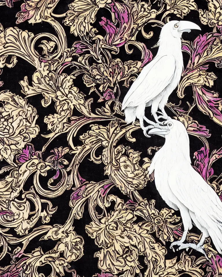 Prompt: photographic masterpiece of an albino raven standing on a colourful ornate skull on a black velvet table cloth, art nouveau wallpaper in background