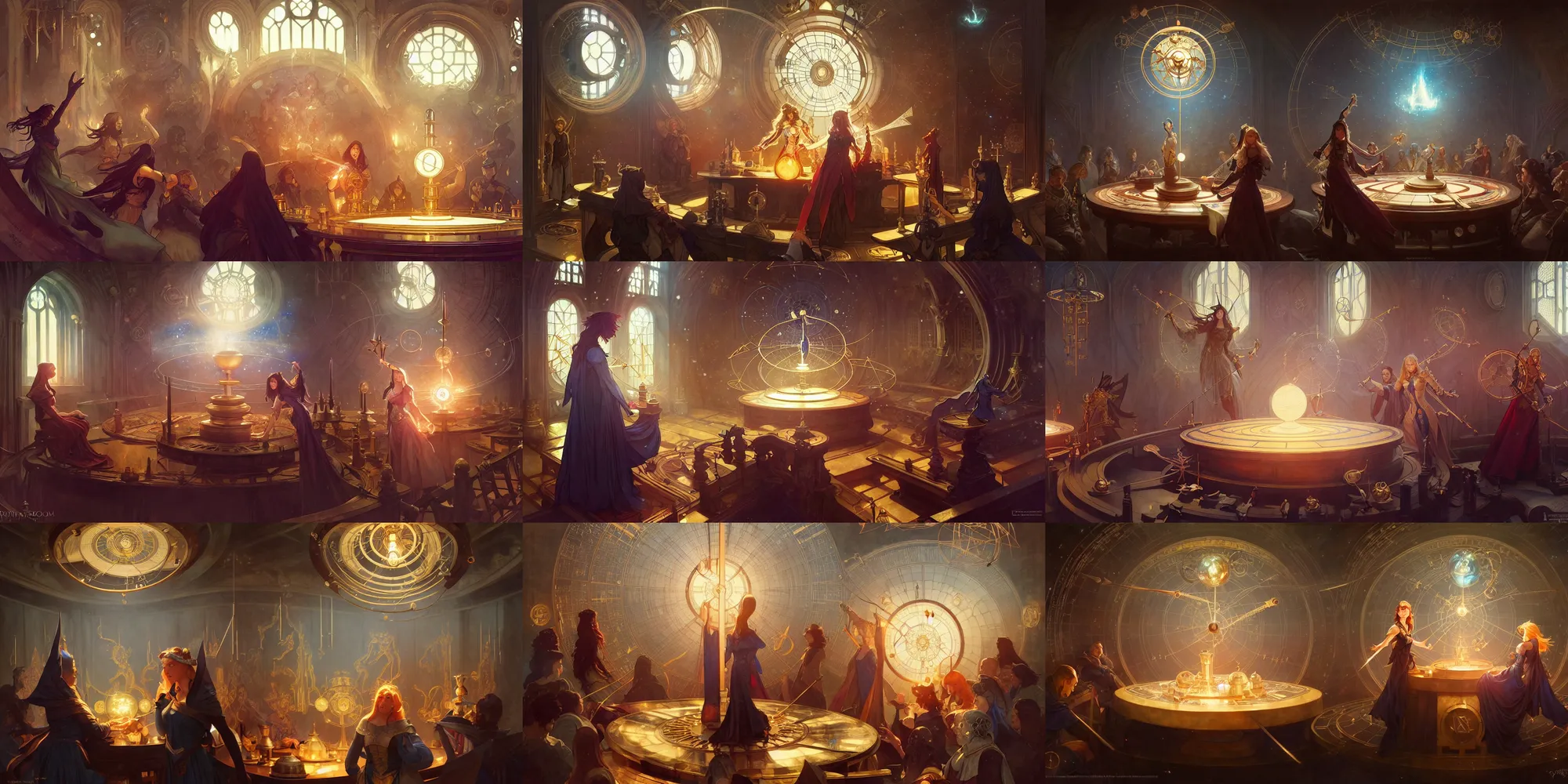 Prompt: orrery of tragedies, lighting bolts, sorcery magic witch battle, medieval castle room, sharp focus, illustration, highly detailed, digital painting, concept art, matte, art by wlop and artgerm and greg rutkowski and alphonse mucha, masterpiece