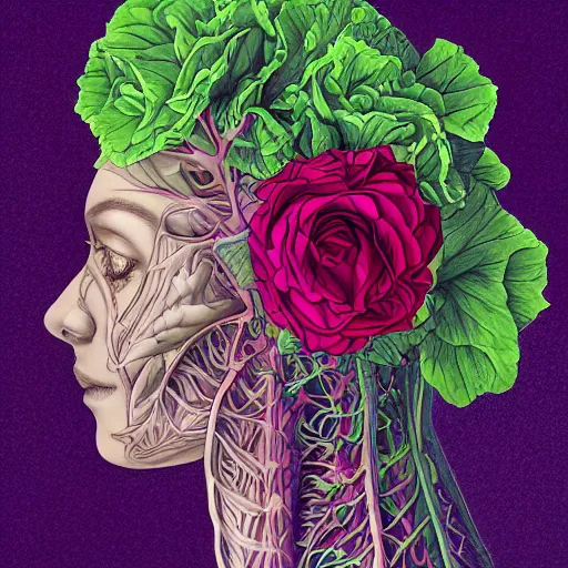 Image similar to the anatomy of a head of lettuce with roses that resemble a beautiful young woman of color looking up, an ultrafine detailed illustration by james jean, intricate linework, bright colors, final fantasy, behance contest winner, vanitas, angular, altermodern, unreal engine 5 highly rendered, global illumination, radiant light, detailed and intricate environment