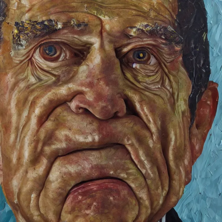 Image similar to close up studio portrait of aging old Richard Nixon age 115 wrinkled sad, shiny impasto oil painting by Lucian Freud and Tim Hawkinson and Cy Twombly, trending on artstation Studio lighting Expressionism