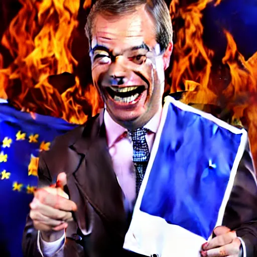 Prompt: nigel farage laughing and holding a burning eu flag, studio photograph, hd, studio
