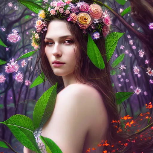 Prompt: a picture of a beautiful woman clothed in flowers and leaves standing in an enchanted forest, high fantasy, elegant, epic, detailed, intricate, digital painting, concept art, realistic detailed face, smooth, focus, rim light, detailed 8 5 mm f / 1. 4, anamorphic lens,