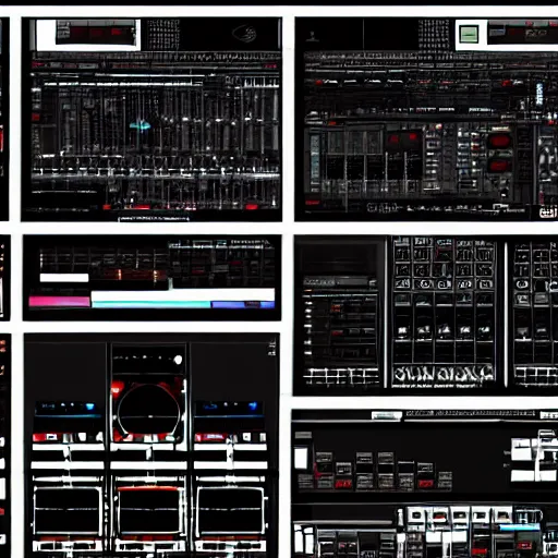 Image similar to drum machines and synththezisers, modular, in the style of akira, tron