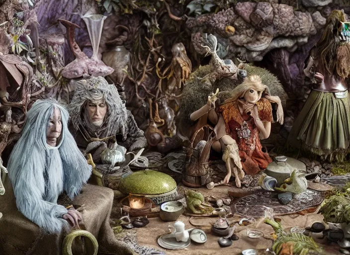 Prompt: product photography of a fantasy diorama of the dark crystal, zeiss lens, detailed, centered, by erwin olaf, joop geesink, wes anderson, jim henson, brian froud, breathtaking, 8 k resolution, extremely detailed, beautiful, establishing shot, realistic materials, hyperrealistic