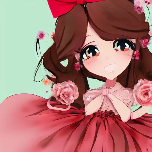 Prompt: 1girl ascot bare_shoulders bow brown_eyes brown_hair close-up floral_background frilled_bow frilled_hair_tubes frills hair_between_eyes hair_bow hair_tubes long_hair orange_ascot pink_background red_bow shirt sleeveless sleeveless_shirt solo