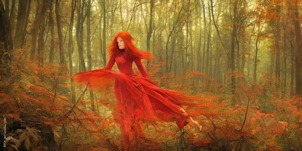 Image similar to a beautiful illustration of a red head female in a forest, autumn, cinematic composition, mist, style of yoshitaka amano and alfons mucha