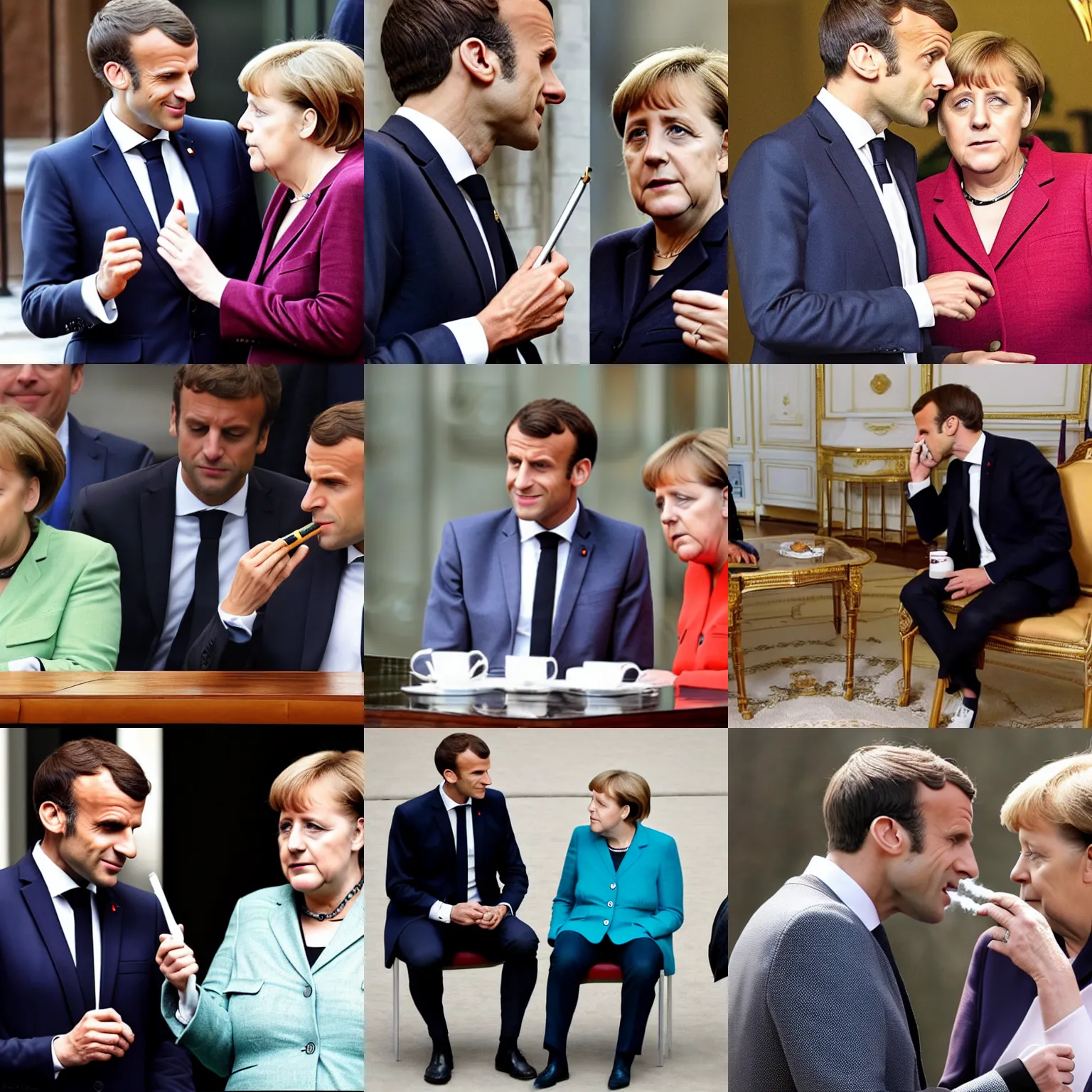 Prompt: emmanuel macron smoking weed with angela merkel