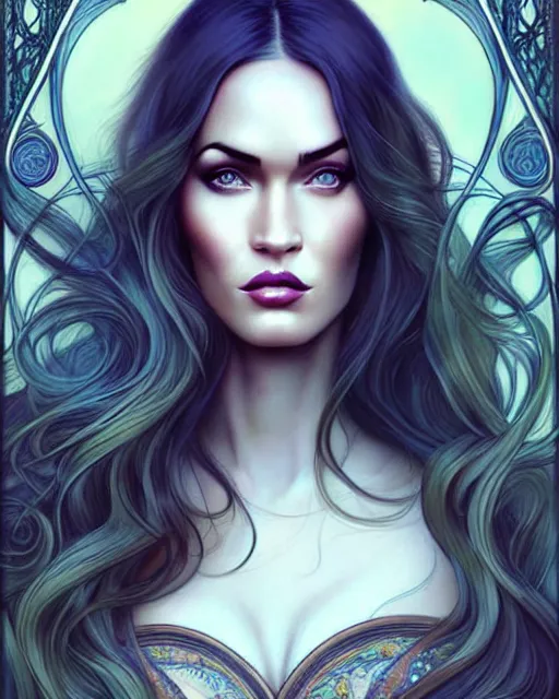 Image similar to new art nouveau portrait of megan fox in the style of anna dittmann and charlie bowater and loish. long windblown hair, very large, clear, expressive, and intelligent eyes. symmetrical, centered, ultrasharp focus, dramatic lighting, photorealistic digital matte painting, intricate ultra detailed background.