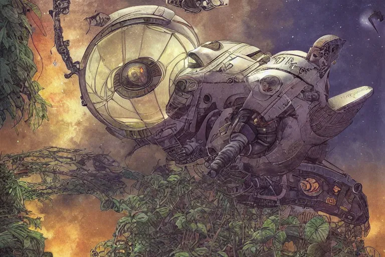 Image similar to gigantic futuristic cat floating in the space, a lot of exotic plants, trees, flowers, vintage sci - fi, newspaper grainy colors, flat surreal grainy design, super - detailed, painting by enki bilal and moebius, hd, 4 k, high quality