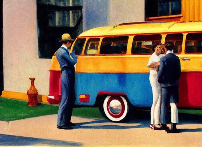 Image similar to painting, two young men and women near vw bus, by edward hopper, bernardo bertolucci dreamers movie scene