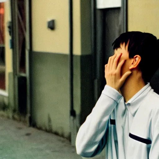 Prompt: Shinji Ikari crying outside the club cause they wouldn’t let him in, 35mm film