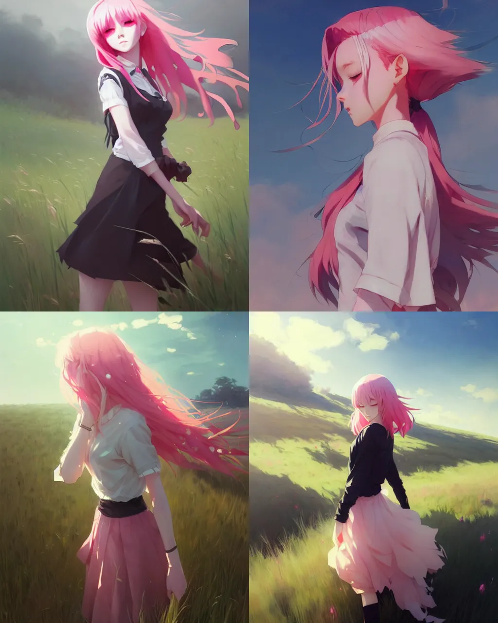 Prompt: a girl with pink hair and black skirt in the field, a beautiful half body illustration, top lighting, perfect shadow, soft painting, reduce saturation, leaning towards watercolor, art by hidari and krenz cushart and wenjun lin