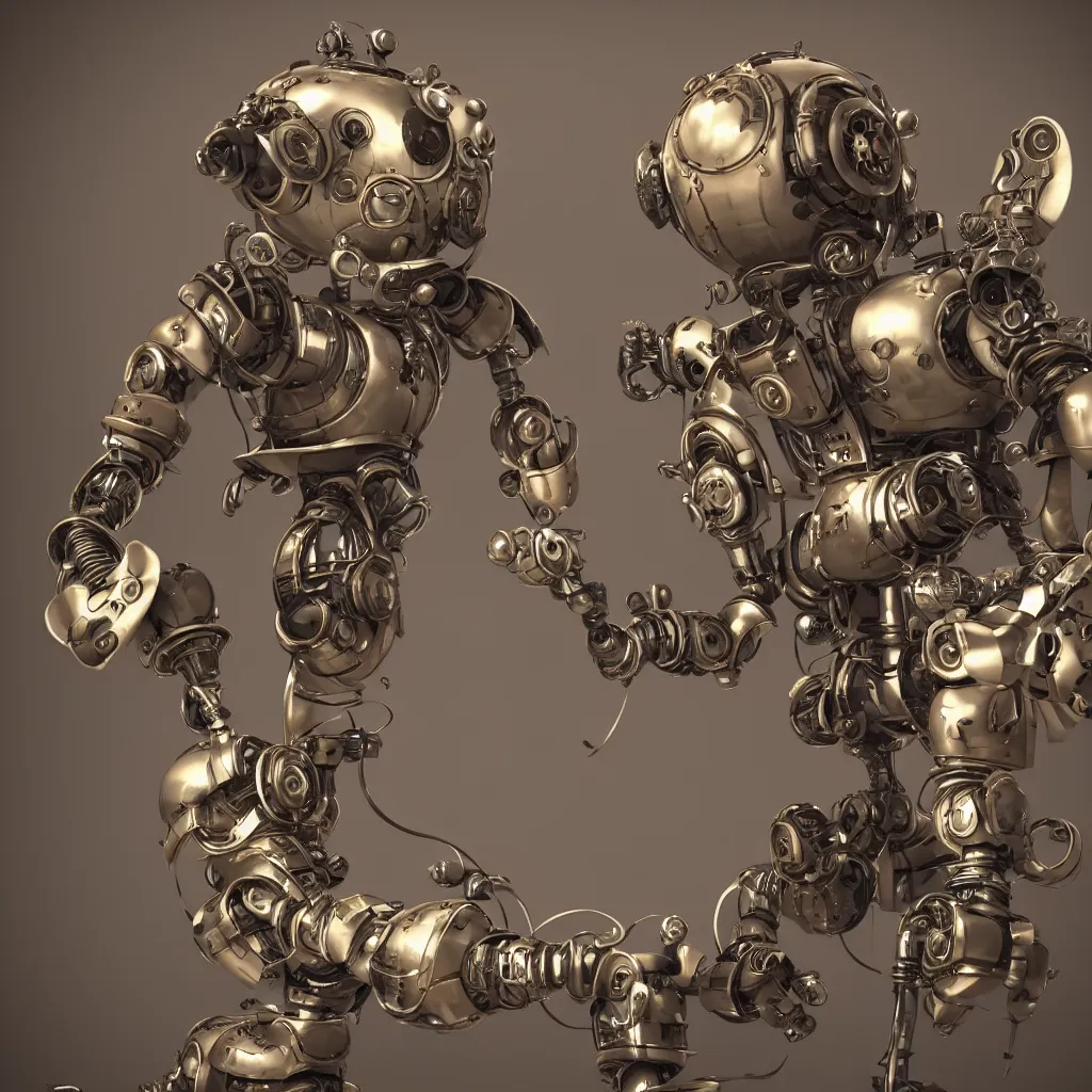 Image similar to steampunk style sweeping robot, photorealistic, 3 d rendering, cute, unreal engine, bokeh