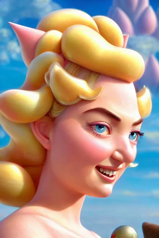 Image similar to polished sweaty princess peach : : princess peach face : : kate upton body : : weta disney pixar movie still photo : : hi - fructose, sci fi, fantasy, decadent highly - detailed digital painting, golden ratio, octane render, artstation, smooth, sharp focus, artgerm, mucha, loish, wlop : :