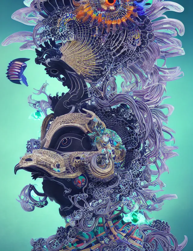 Image similar to 3 d goddess close - up profile solarpunk portrait ram skull. beautiful intricately detailed japanese crow kitsune mask and clasical japanese kimono. betta fish, jellyfish phoenix, bio luminescent, plasma, ice, water, wind, creature, artwork by tooth wu and wlop and beeple and greg rutkowski