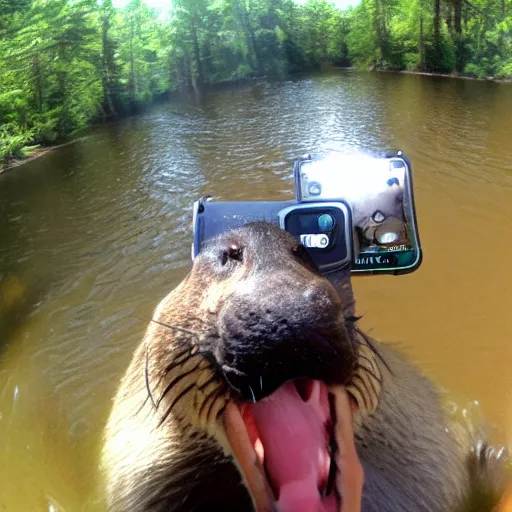 Prompt: beaver making a dam selfie with gopro camera