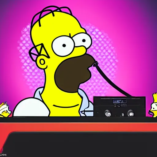 Image similar to svg sticker of a Homer-Simpson at a rave, spinning records, giant headphones rocking out, wearing headphones, huge speakers, dancing, rave, DJ, spinning records, digital art, amazing composition, rule-of-thirds, award-winning, trending on artstation, featured on deviantart