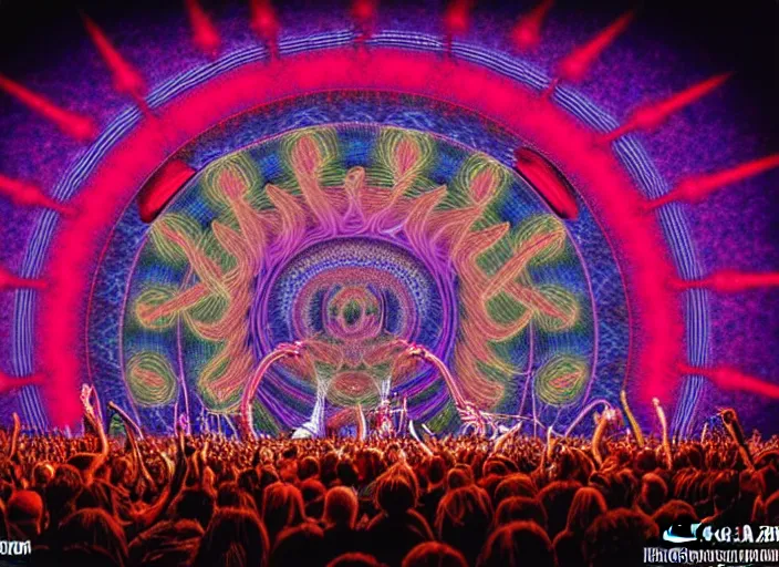 Image similar to The band tool performing live, colorful, photo realistic, Alex Grey, 8k, detailed,