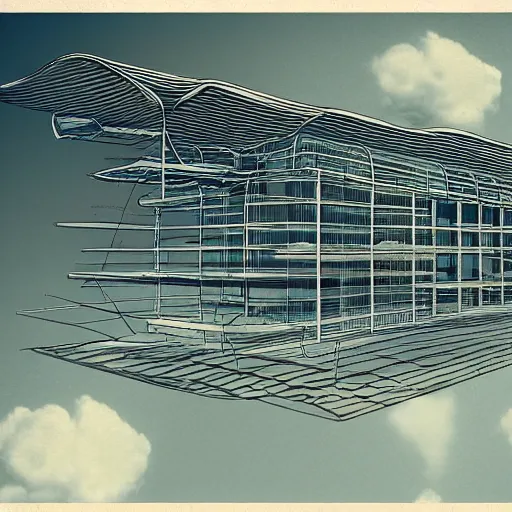 Prompt: cross-section perspective of architecture blueprint of floating building, anchored to clouds, bridges connecting clouds, ethereal, amazing. cinematic digital illustration, in style of Moebius