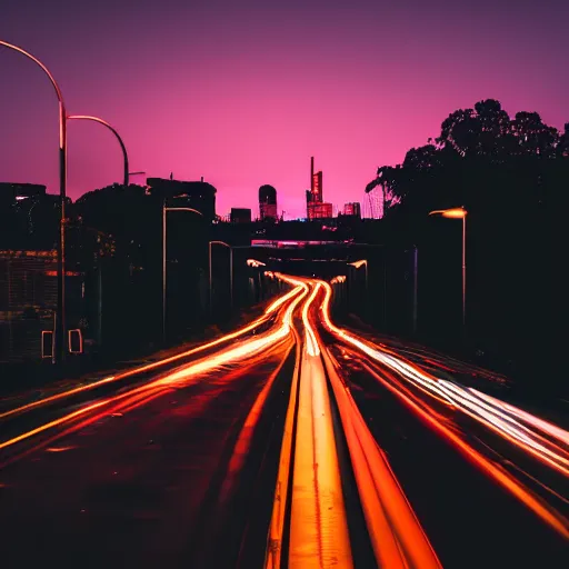 Image similar to photography of car driving down dark road during sunset jdm light posts city in the background