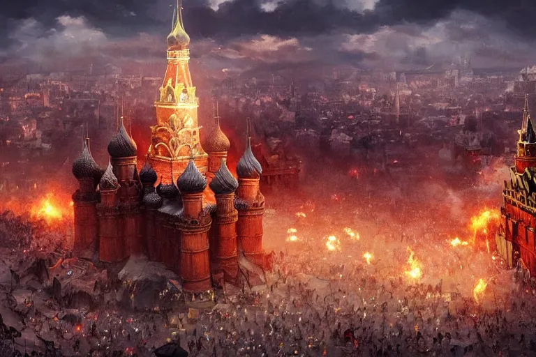 Prompt: Masterpiece Painting of the Giant Epic Dragon Nest from Game of Thrones in the center of Red square, Russia, Moscow, by Greg Rutkowski, artstation,