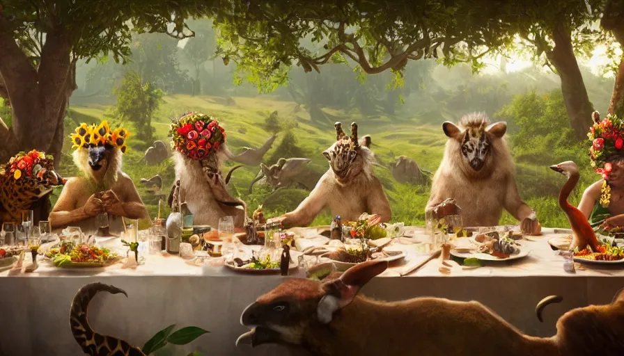 Image similar to a table dinner of exotic animals where animals are dressed like the characters from the midsommar movie wearing flowers, realistic detailed digital art by maxwell boas jessica rossier christian dimitrov anton fadeev trending on artstation cgsociety rendered in unreal engine 4 k hq