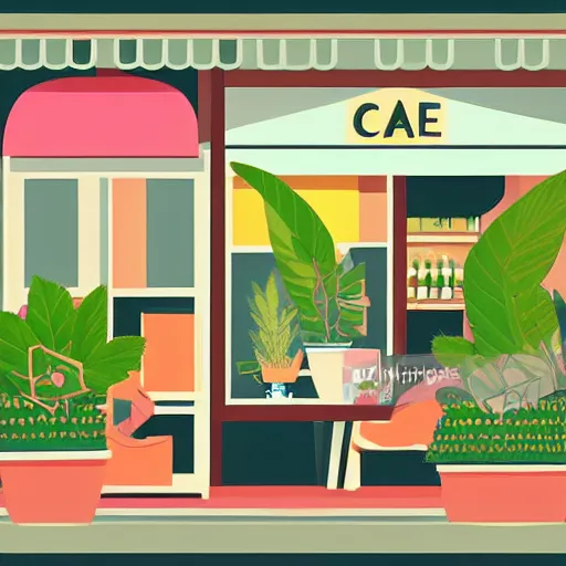 Prompt: isometric cute cartoon illustration style cafe australian, decorated with only two cute cannabis pot plants 🪴 utopian australiana simple frontage, poster, beautiful composition pastel palette by will barnet, digital art, hyperrealistic soft, inked digital, render cartoon by pixar