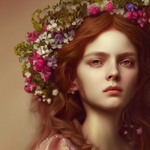 Prompt: princess portrait, adorned with flowers, dewy eyed, glossy features, symmeyric features, red wavy hair, fine art painting, renaissance style, fabric inspired details, hd, 3 d, octane render, 8 k