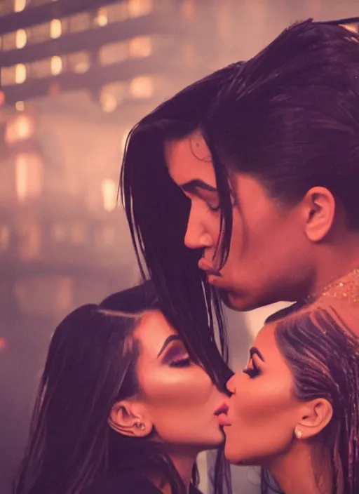 Prompt: film still of kylie Jenner kissing kim kardashian romanticly, scenic cyberpunk city backround, cinematic lighting, cinematic