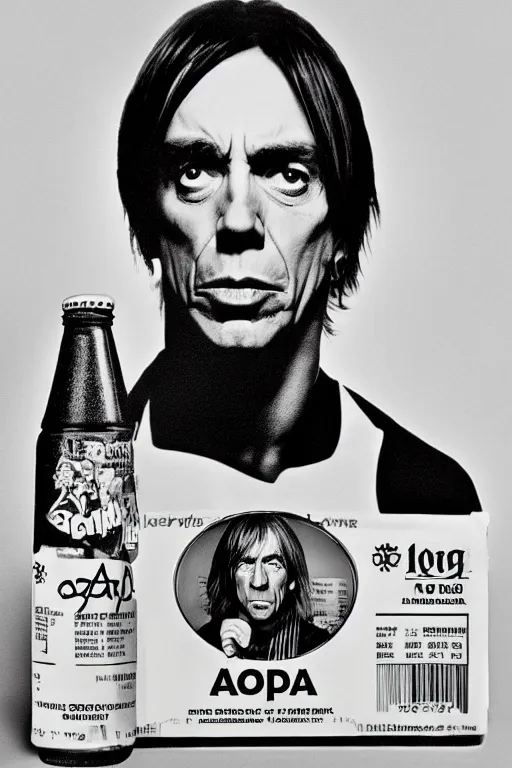 Prompt: a soda bottle with iggy pop's face on the label