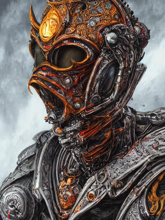 Image similar to portrait art of 8k ultra realistic undead Sauron, intricate high tech helmet , detailed intricate ornate space suit,decaying, cybernetic, full of colour, cinematic lighting, battered, trending on artstation, 4k, hyperrealistic, focused, extreme details,unreal engine 5, cinematic, masterpiece, art by ayami kojima, giger