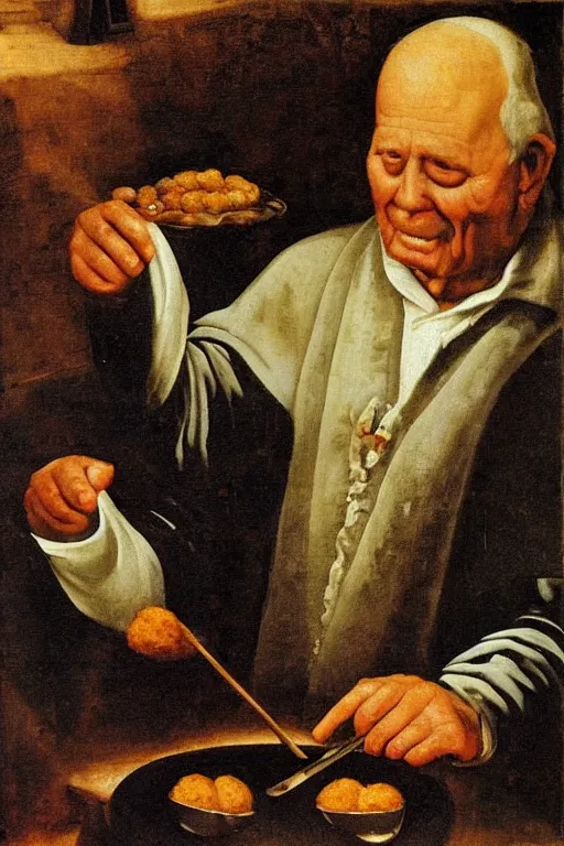 Image similar to mi grandfather eating croquettes, renaissance oil painting, dark environment