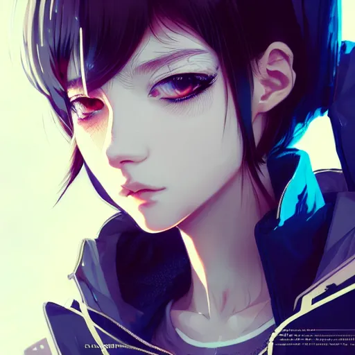 Image similar to by kyoto animation, cool girl wearing cyberpunk intricate streetwear, beautiful, detailed symmetrical close up portrait, intricate complexity, in the style of artgerm and ilya kuvshinov, cell shaded, 4 k, concept art, by wlop, krenz cushart, greg rutkowski, pixiv. cinematic dramatic atmosphere, cinematic lighting, studio quality