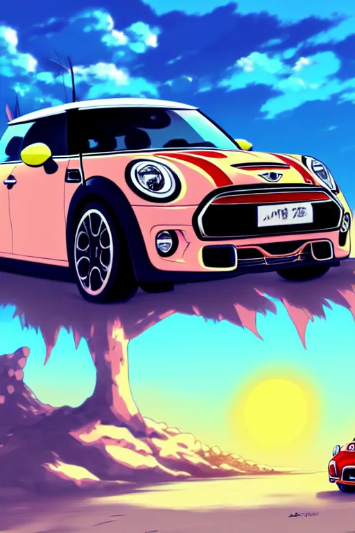 Prompt: anime art vehicle concept art, anime key visual of mini cooper s, at sunset at a beach, trending on pixiv fanbox, studio ghibli, extremely high quality artwork