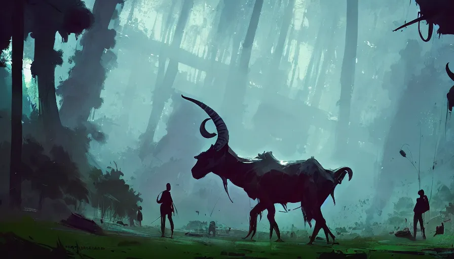 Image similar to ismail inceoglu and jama jurabaev's concept art, cel shadow, film shooting, trends on artstation, high quality, brush strokes, bright colors, giant demon goat skull in mysterious rainforest