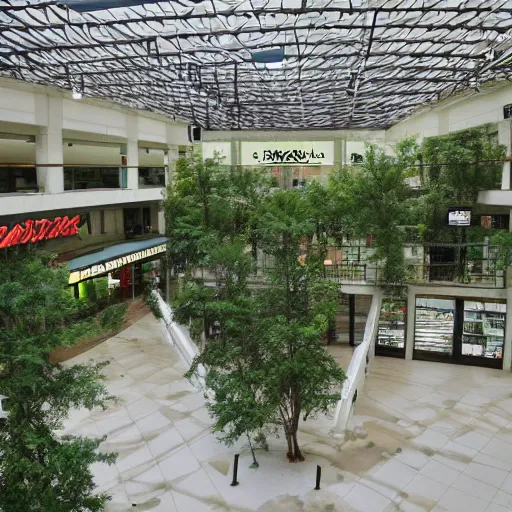 Image similar to lush forest fills a liminal abandoned mall