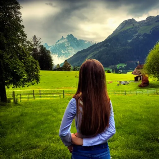 Image similar to a beautiful photograph of a girl with switzerland landscape in the background with trees, hdr, 8 k, high quality, sharp focus, artstation, highly detailed, award - winning, dramatic lighting, beautiful clouds, and nature