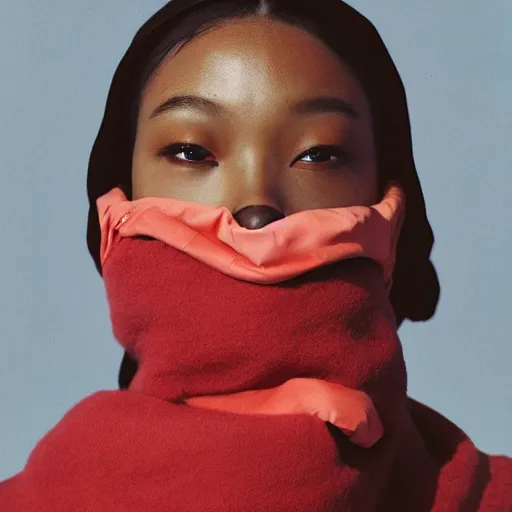 Image similar to realistic photoshooting for a new issey miyake lookbook, color film photography, portrait of a beautiful woman, model is wearing a puffer mask, in style of tyler mitchell, 3 5 mm,