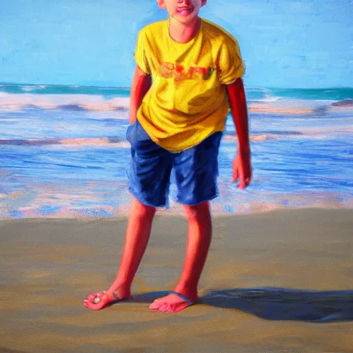 Prompt: 13 year old boy at the n beach, hyperrealistic, lighting