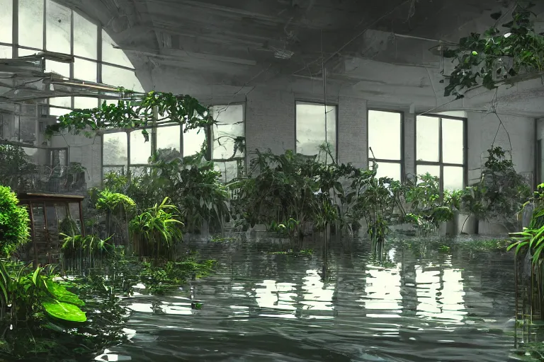 Image similar to A huge interior of a ruined office, flooded with water, lush and aquatic plants covering the place, digital art, trending on Artstation