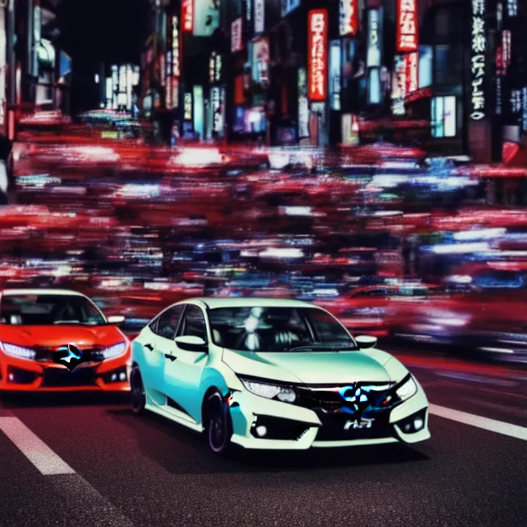 Prompt: a car Honda Civic turbo illegal meeting, detailed-wheels, Shibuya Shibuya, cinematic color, photorealistic, highly detailed, night photography