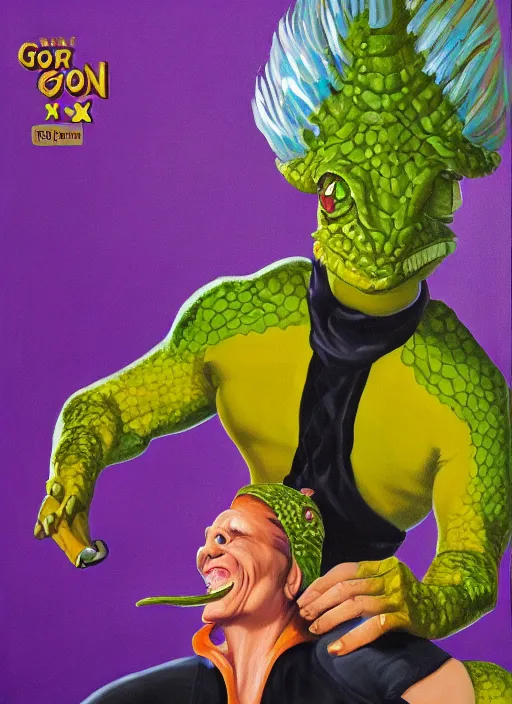 Image similar to oil painting portrait of a cowboy lizard person, a gorn from star trek, a snake oil salesman wearing a blonde wig in a movie poster for a movie called gorn on the bull horn girl, purple green color scheme