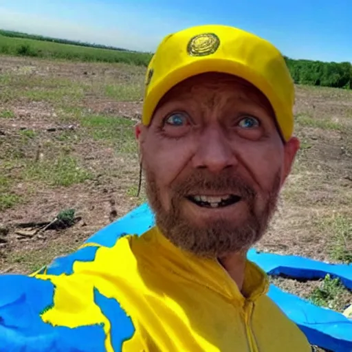 Prompt: 2 0 2 2 last selfie of last alive of frightened funny ukrainian in yellow and blue clothes, trying to escape, badly injured from radiation to bones from a huge nuclear explosion at background, dead bodies everywhere