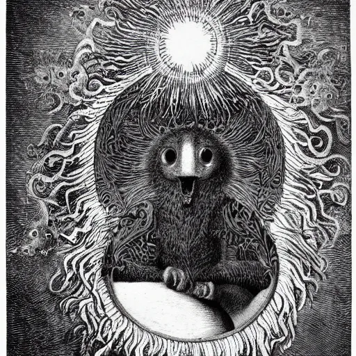 Image similar to furry freaky creature sings a unique canto about'as above so below'being ignited by the spirit of haeckel and robert fludd, breakthrough is iminent, glory be to the magic within