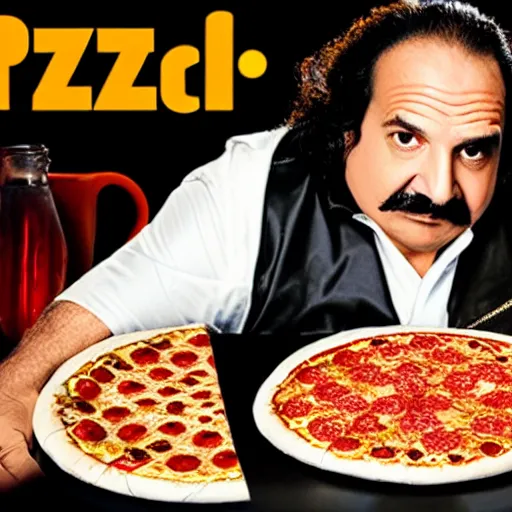 Prompt: ron jeremy in the logo of a pizza parlour