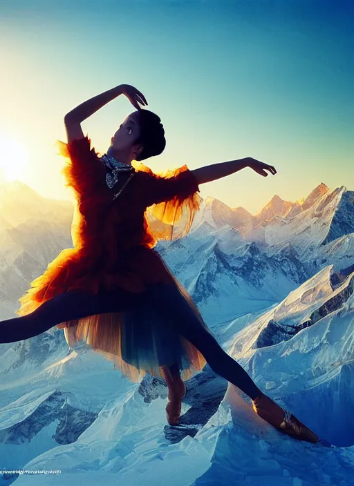 Image similar to stunningly beautiful, asian prima ballerina on mt everest, golden hour, smooth, focus, highly detailed, hyper realistic, dramatic lighting, elegant, intricate, concept art, art by wlop, mars ravelo, greg rutowski