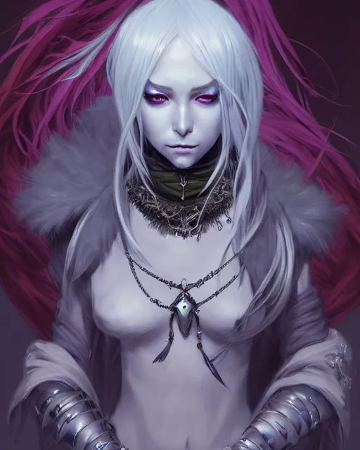 Image similar to portrait of an anime female drow necromancer, hd, illustration, epic, d & d, fantasy, intricate, elegant, highly detailed, digital painting, artstation, concept art, smooth, sharp focus, illustration, art by artgerm and greg rutkowski and alphonse mucha, monster hunter illustrations art book